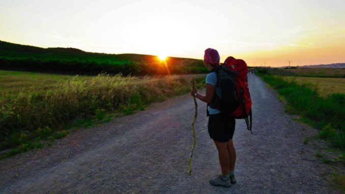 cammino di santiago, pellegrina, camino de santiago, bastone, zaino, alba, tramonto, orizzonte