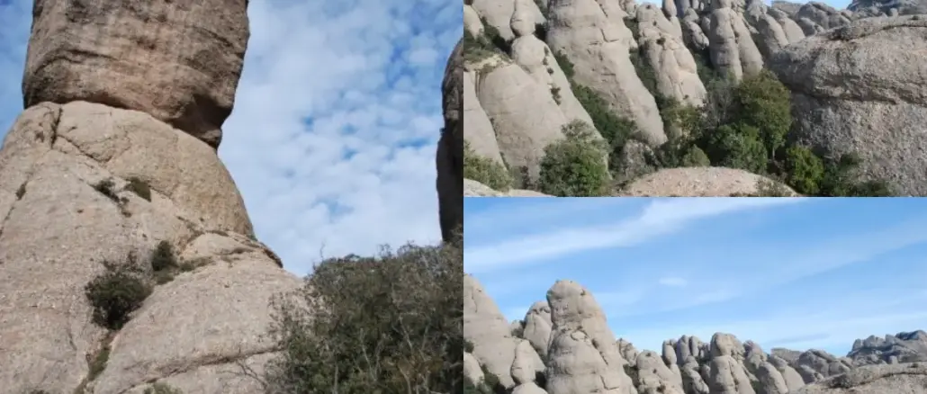 Formazioni rocciose di conglomerato nel massiccio di Montserrat in Catalogna, con guglie arrotondate, vegetazione mediterranea e cielo azzurro