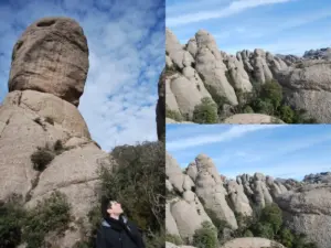 Formazioni rocciose di conglomerato nel massiccio di Montserrat in Catalogna, con guglie arrotondate, vegetazione mediterranea e cielo azzurro