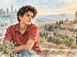 Illustrazione di Carlo Acutis tra Milano, Assisi e simboli del web in stile acquerello
