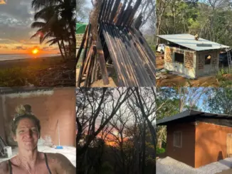 Fasi di costruzione di una homestead ranchito con struttura in teak vicino alla costa del Costa Rica, con bosco e spiaggia al tramonto