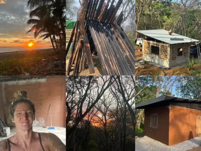 Fasi di costruzione di una homestead ranchito con struttura in teak vicino alla costa del Costa Rica, con bosco e spiaggia al tramonto