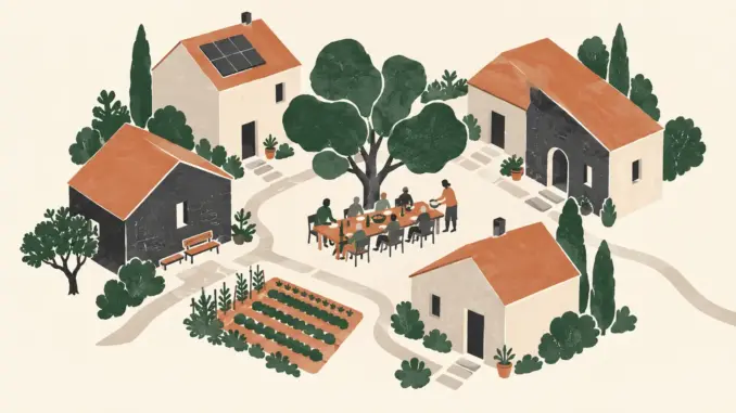 Illustrazione della vita in comunità con case intorno a un cortile, persone riunite a tavola sotto un albero e orto condiviso.