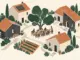 Illustrazione della vita in comunità con case intorno a un cortile, persone riunite a tavola sotto un albero e orto condiviso.
