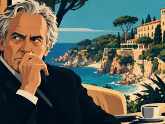 Illustrazione stilizzata ispirata a Il problema finale, con un uomo maturo davanti a una villa sulla costa mediterranea